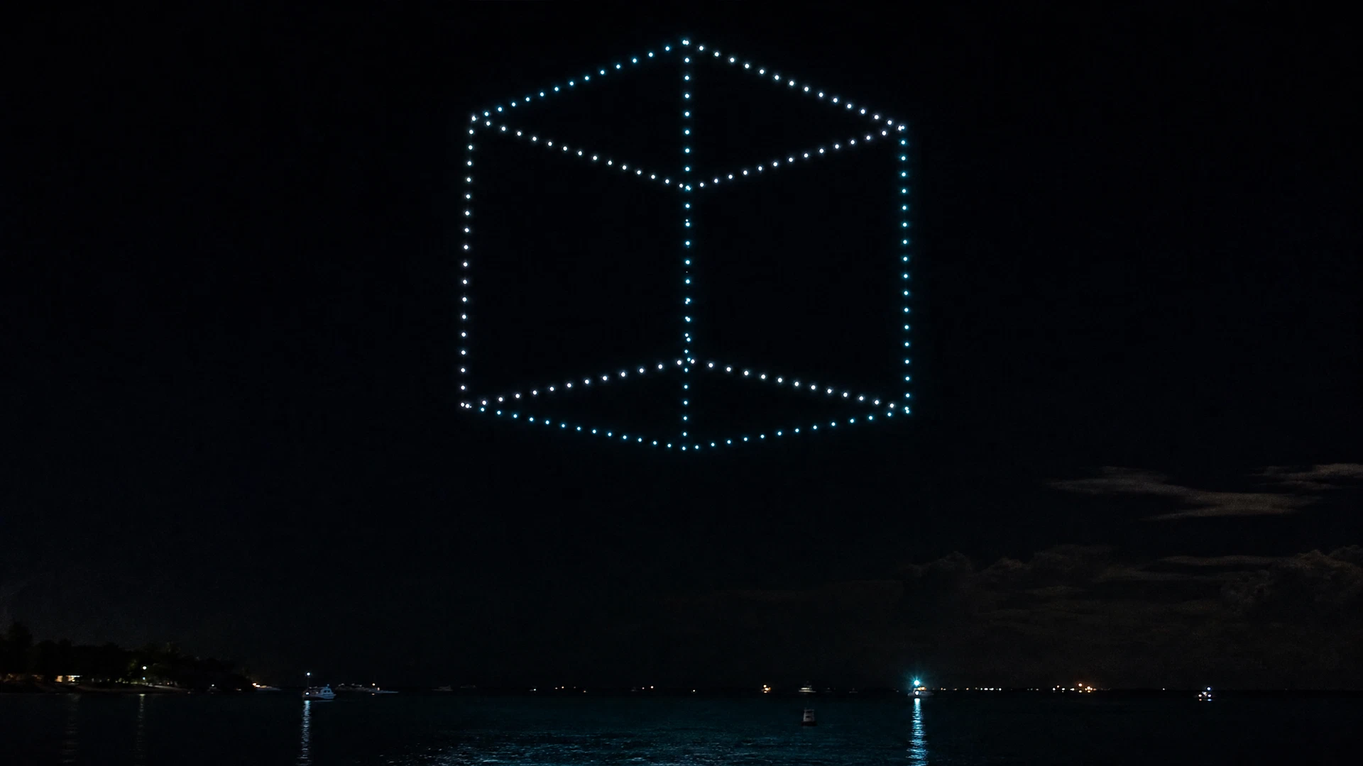 Drone-light cube above the sea, used as the Takeoff planning reference