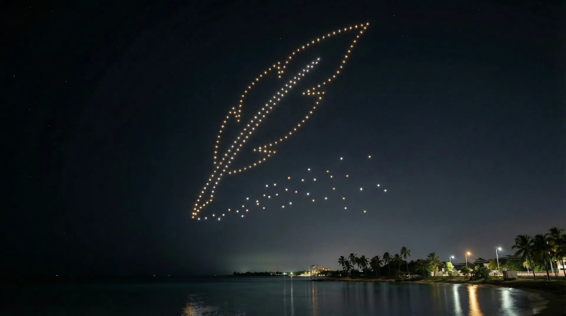 Quill feather pen outlined in light in the night sky