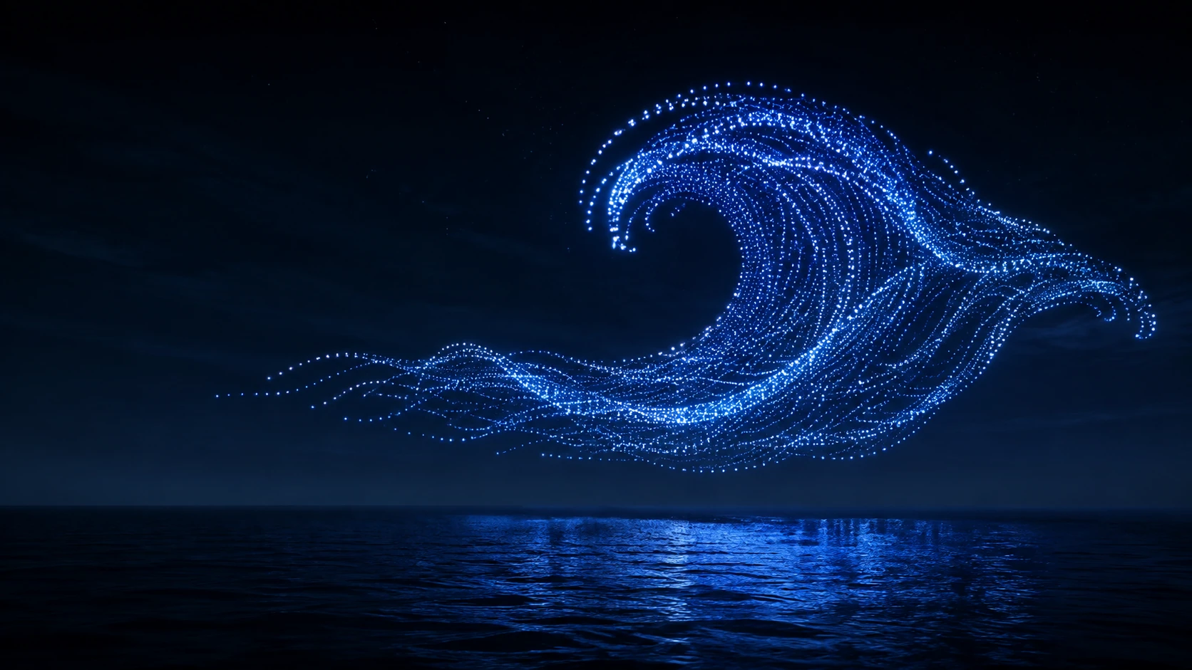 AI-generated concept: a sculptural blue wave of light above a dark sea