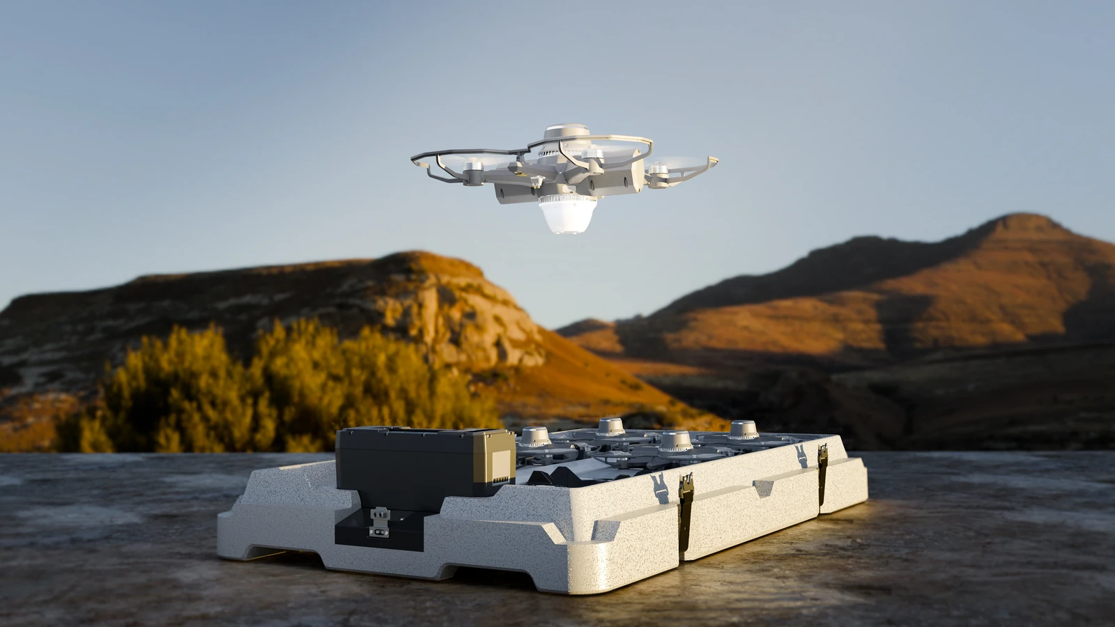 DAMODA manufacturer visual of a V4 aircraft above its docking case